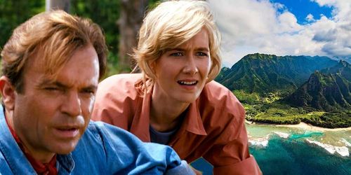 An image of Laura Dern and Sam Neill looking at Isla Nublar in Jurassic Park
