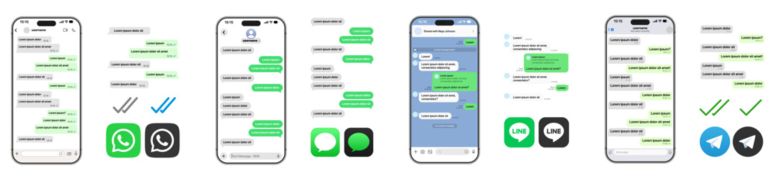 Messaging apps UI showing WhatsApp, Imessage, Line, Telegram with chat bubbles, direct messages, send buttons, and logos in a modern mobile vector illustration