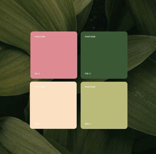 four different shades of green and pink on top of each other with leaves in the background