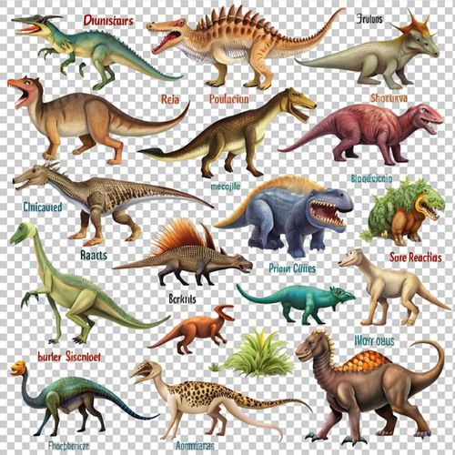 PSD differenttypesofdinosaurswithnames on transparent background
