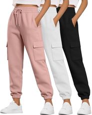 Neer 3 Pack Women's Cargo Sweatpants Joggers Pants Causal Gym Athletic Workout High Waist Bottom Y2k Fall Outfits with Pocket(Black, White, Lotus Root Pink,Small)