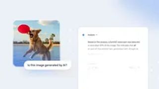 Golden retriever catching frisbee over water. UI overlay shows Google AI watermark detected.