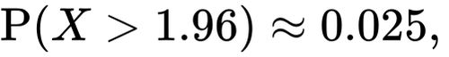 {\displaystyle \mathrm {P} (X>1.96)\approx 0.025,\,}