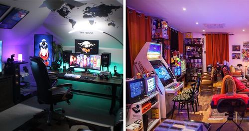 Gaming cave setup with multiple monitors, LED lighting, and arcade machines showcasing immersive game room ideas.
