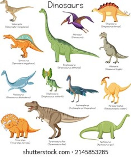 Different types of dinosaurs with names illustration Stock Vector