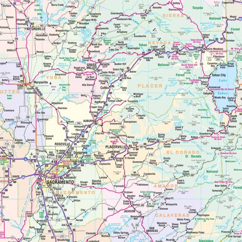 Yuba County map with detailed routes and landmarks, showcasing northern California's scenic areas and transportation network.