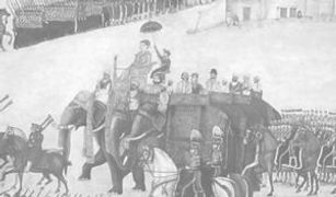 painting of a military procession with elephants and horses