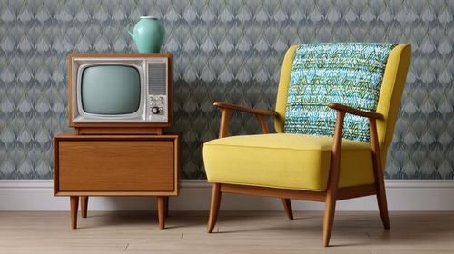 Retro Living Room with Stylish Chair, Vintage Television, and Colorful Wall Art Featuring Geometric Patterns photo