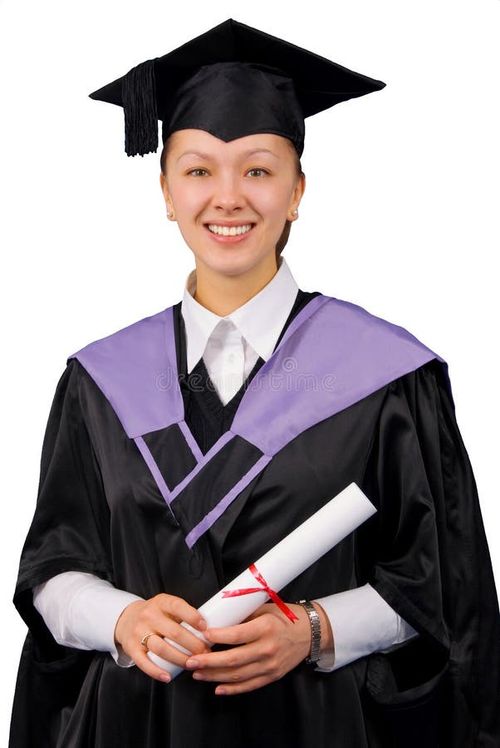 Young woman in black graduation gown hold certificate of degree. Isolated over white background. Bachelor degree stock images, royalty-free photos and pictures
