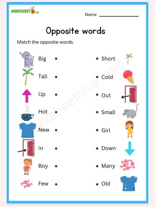 opposite words worksheet for kids with pictures on the front and back, which are in