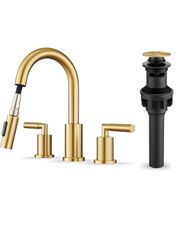 Tohlar Gold Bathroom Faucet with Sprayer, Widespread Bathroom Faucets Gold 8 Inch Basin Sink Tap 3 Holes, 2 Handle Vanity Faucet with Pull Out Sprayer Pop Up Drain Assembly Included