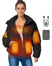 Women Short Heated Jacket Battery Pack Included Puffy Warm Coat North Regalos Para Mujer Navidad Cumpleaños Mi Novia 14 Febrero San Valentín North Country People Face 2025 Fashion Trendy Navy Blue