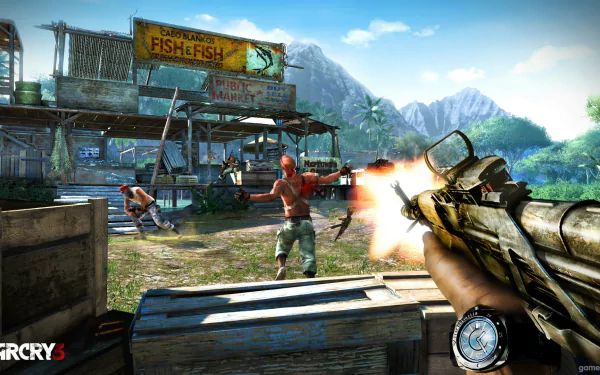 HD PC desktop wallpaper from the video game Far Cry 3 featuring intense combat in a tropical village setting.