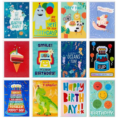 Hallmark Birthday Cards for Kids (12 Cards with Envelopes, Refill Pack Card Organizer Box) Dinosaur, Animals, Video Game, ...