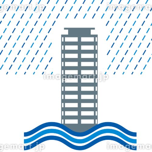 タワーマンション　住宅住居、家の洪水、豪雨水害のイラスト　アイコン、シルエット、損害保険自然災害イメ 高層マンション,ストローク,コンビニのイラスト素材