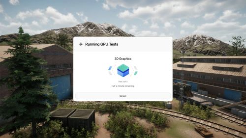 Novabench GPU 3D graphics benchmark test running with a rendered scene showing the graphics rendering workload