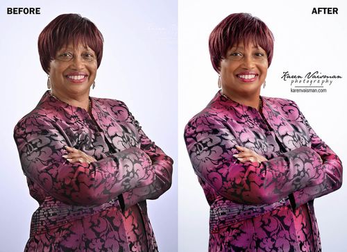 before and after retouching, black woman in pink suit, karen vaisman photography