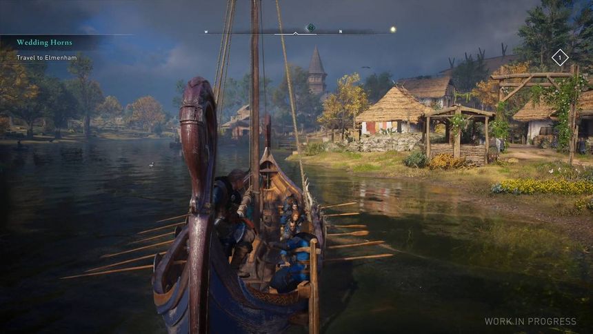 Eivor and a crewed Viking longship approach a precious village with thatched roofs.