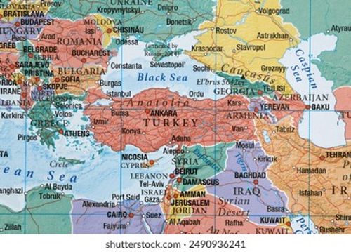 Turkey, Syria on the world map close-up. Stock Photo
