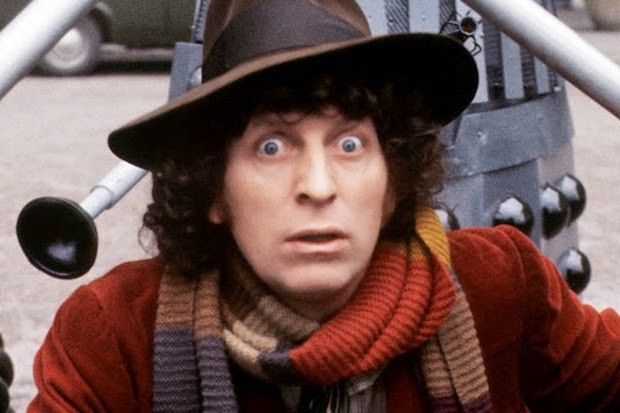 Tom Baker as the Fourth Doctor in Doctor Who staring into camera