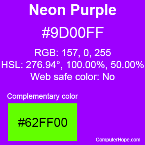 Example of Neon Purple color or HTML color code #9D00FF with complementary color #62FF00.