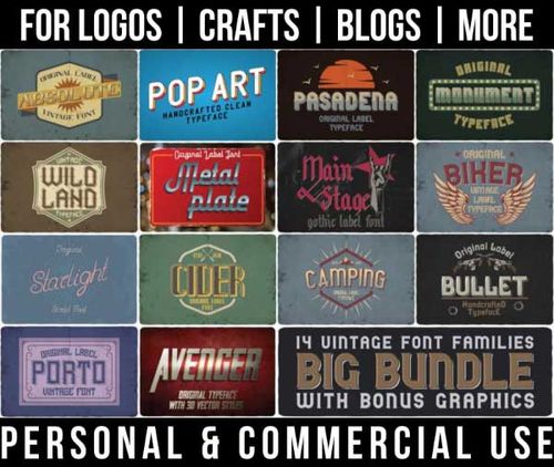 retro font bundle with 14 vintage fonts and bonus graphics for commercial use.