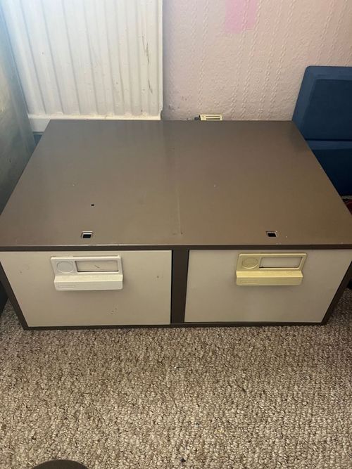 Vintage metal Bisley industrial brown/cream 2 drawer index card filing cabinet