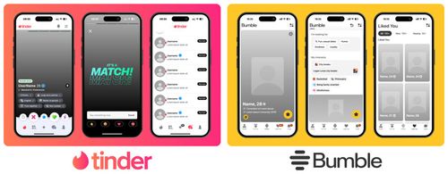 Tinder and Bumble dating app UI mockups template vector design featuring swipe cards, matches, chat screens and profiles with official logos, modern mobile interface for UI UX presentation.