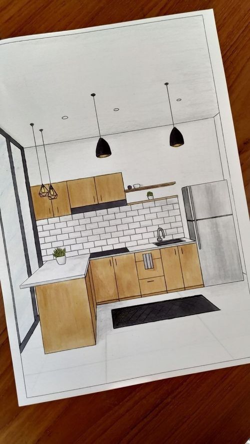 a drawing of a kitchen with wooden cabinets