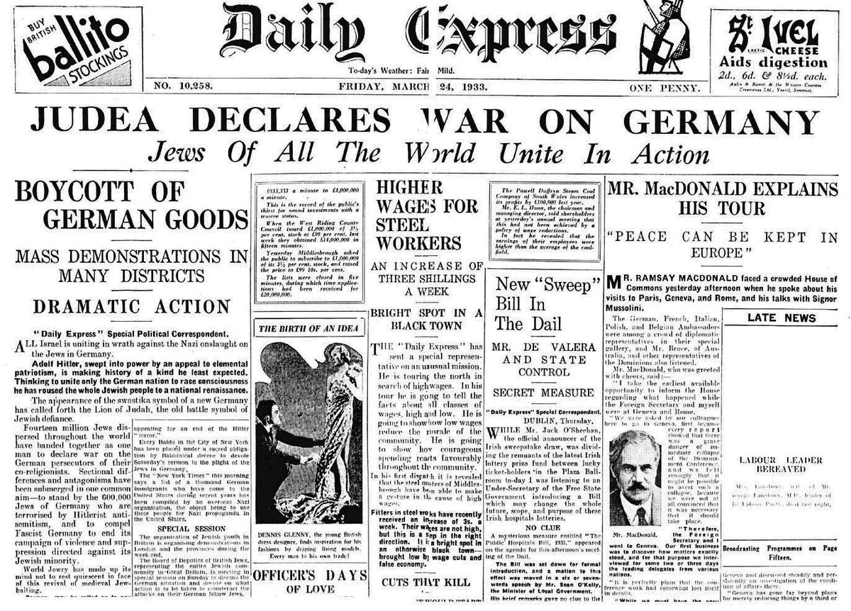 Daily Express, March 24, 1933: JUDEA DECLARES WAR ON GERMANY – Jews Of ...