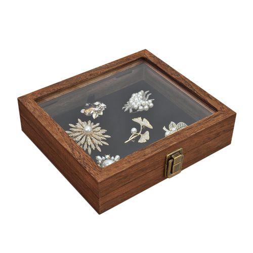 MOOCA Tempered-Glass Top Small Wooden Jewelry Display Case with Removable Black Luxurious Velvet Jewelry Display Pad, Deep...