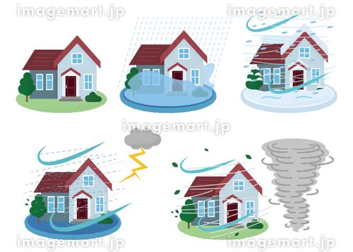 災害に遭う住宅のベクターイラストセット　水害・雪害・雷雨・竜巻 住宅ローン,地震保険,損害保険のイラスト素材