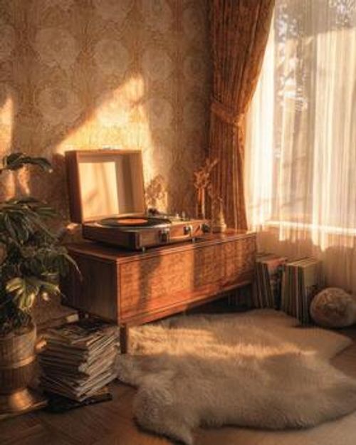 Cozy vintage living room with record player and warm sunlight in retro style photo
