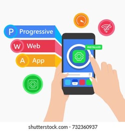 PWA Progressive Web App, the latest website applications technology with fast loading offline service worker caching Stock Vector