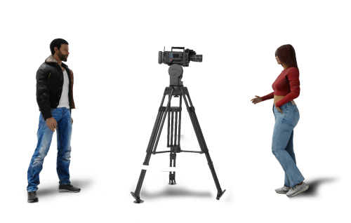 Two 3D characters and a cinema camera on a tripod set up for animating camera movements