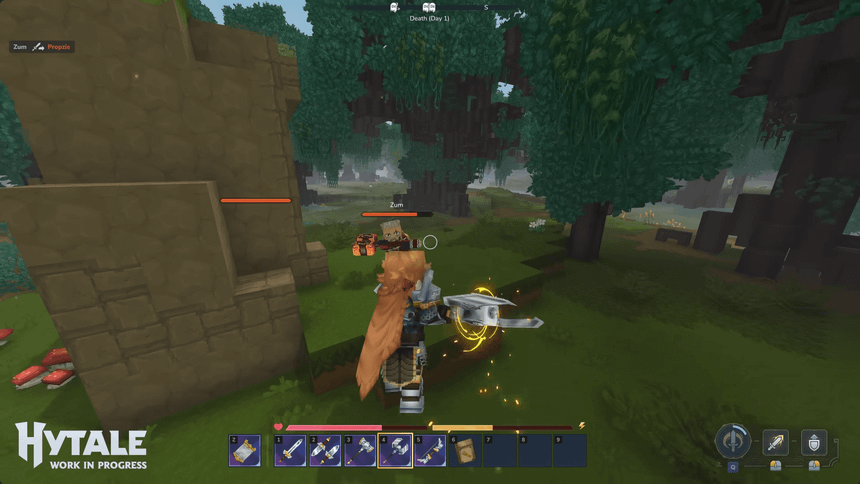 Two players dueling in a Hytale PvP tournament inside a forest arena.