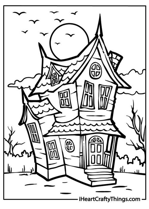 Detailed coloring drawing featuring lopsided haunted house with full moon above it