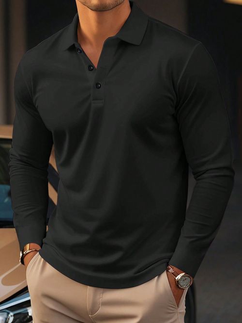 Men's Solid Color Button Front Casual Long Sleeve Polo Shirt Black Casual  Long Sleeve Fabric Plain  Slight Stretch  Men Clothing, size features are:Bust: ,Length: ,Sleeve Length: Long Sleeve Collared Shirt, Long Sleeve Shirts Men Casual, Men’s Business Casual Fashion, Casual Men Clothes, Golf T Shirts Men Outfits, Men Fashion Black, Men Long Sleeve Outfit, Business Casual Men Black, Design For Men