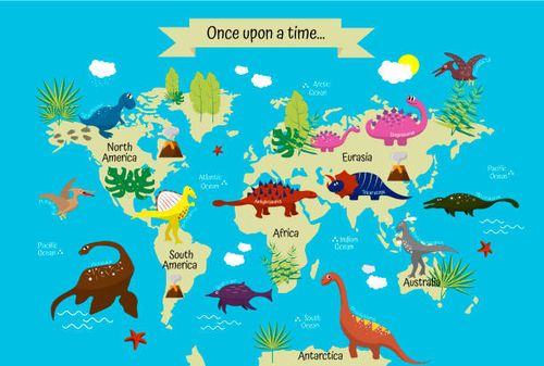 Cartoon dinosaurs with names on modern world map. Continents and oceans. Geography for preschoolers and schoolchildren Cartoon dinosaurs with names on modern world map. Continents and oceans. Geography for children, preschoolers and schoolchildren dinosaur names stock illustrations
