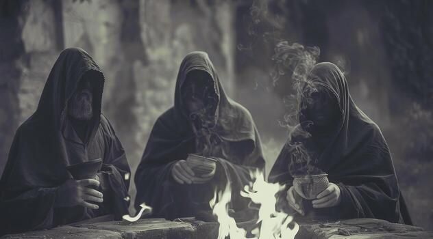 Members of a cult sect. Three hooded evil figures sit around a fire in a ritual photo