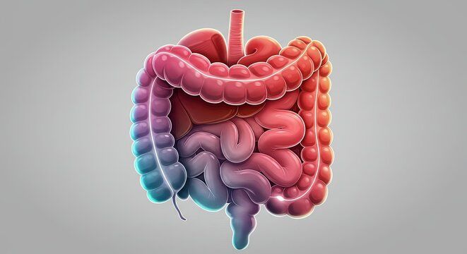 Cartoon illustration of the human digestive system with colorful organs