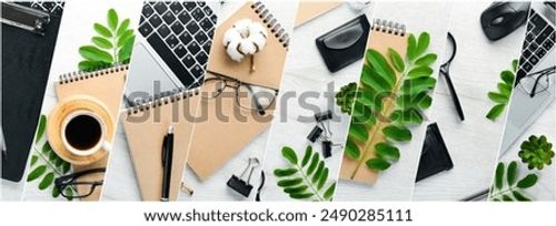 Office supplies and a laptop on a computer desk. Photo collage, banner from photos.