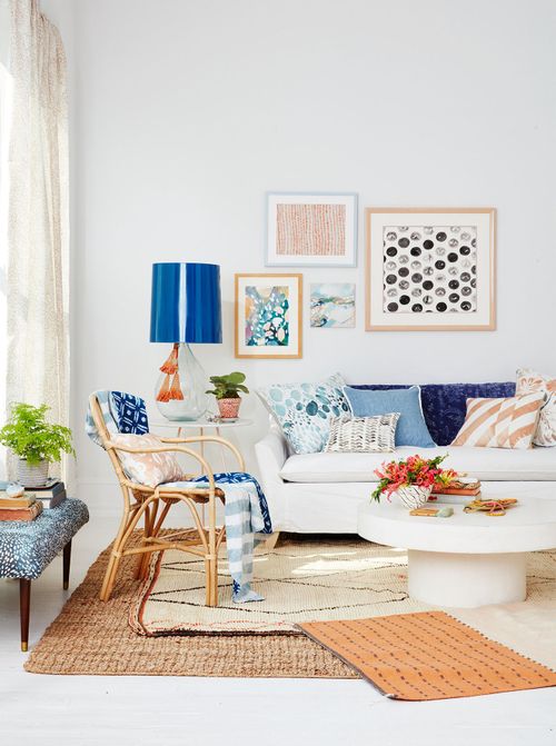 Blue and White Living Room with gallery wall and furniture