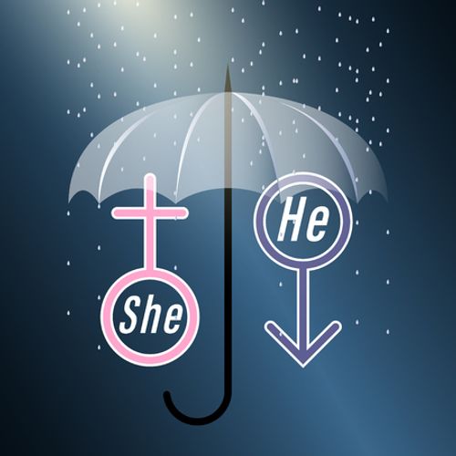 She and he symbols of a man and a woman covered with an umbrella in the rain on a dark background vector illustration Stock Photo