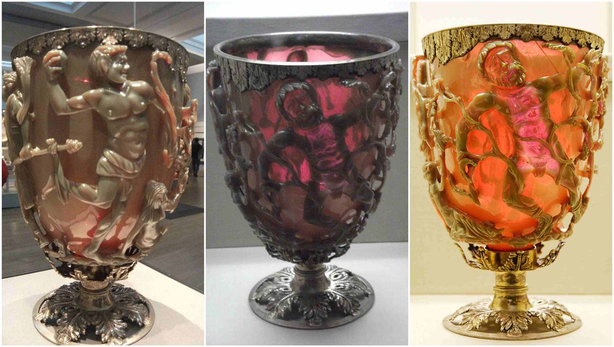 The Lycurgus Cup- A 4th-century Roman glass cage cup that changes color when lit from different ...