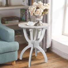 HCODCIBA Farmhouse End Table with Carved Tray Top,Small Round Side Table with Curved Legs,Retro Bedside Table Rustic Accent Table for Living Room,Bedroom