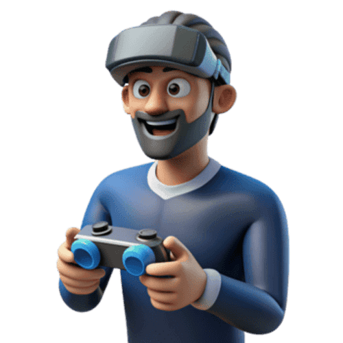 Virtual reality Man Gamer hands holding gaming console controller. joyful man in 3d glasses. png