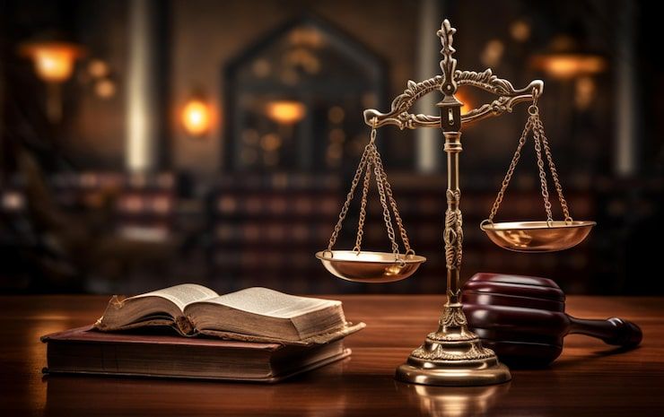 Photo judiciary hammer with justice scales on a wooden table