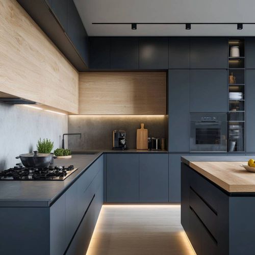 Modern Island Kitchen Design with Blue-Grey Cabinets and Quartz Countertop