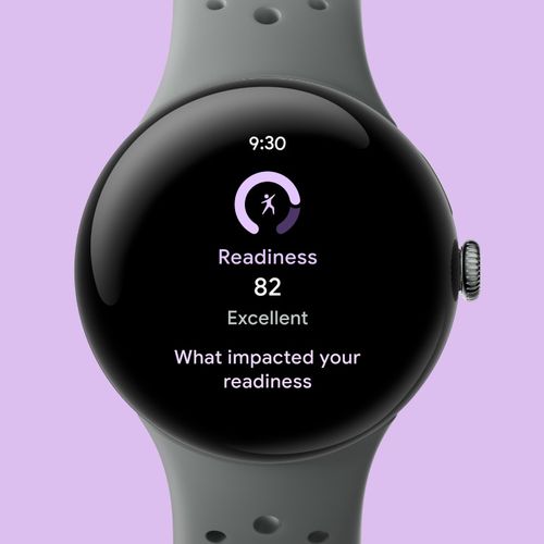 The Google Pixel Watch 3 with the Active Sport band showing readiness activity on the screen.
